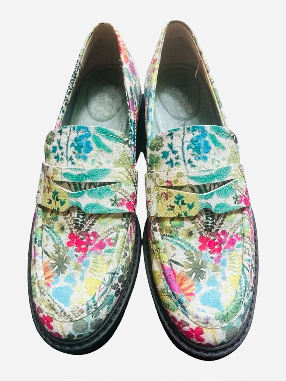 Franco Sarto Balin Floral Faux Leather Penny Loafers Chunky Lug Sole Size 6.5